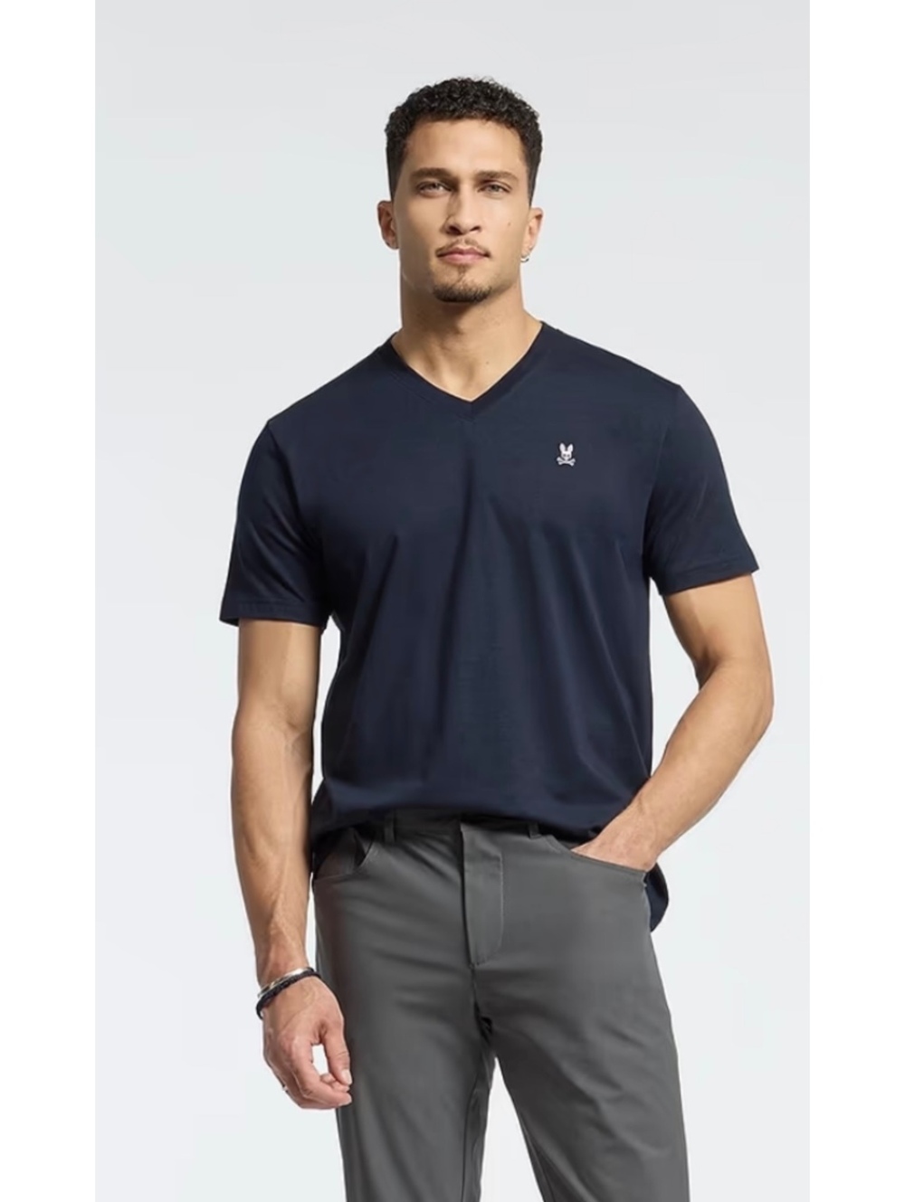 Psycho Bunny Men's V-Neck T-Shirt Small Navy Blue Cotton Polyester Blend
